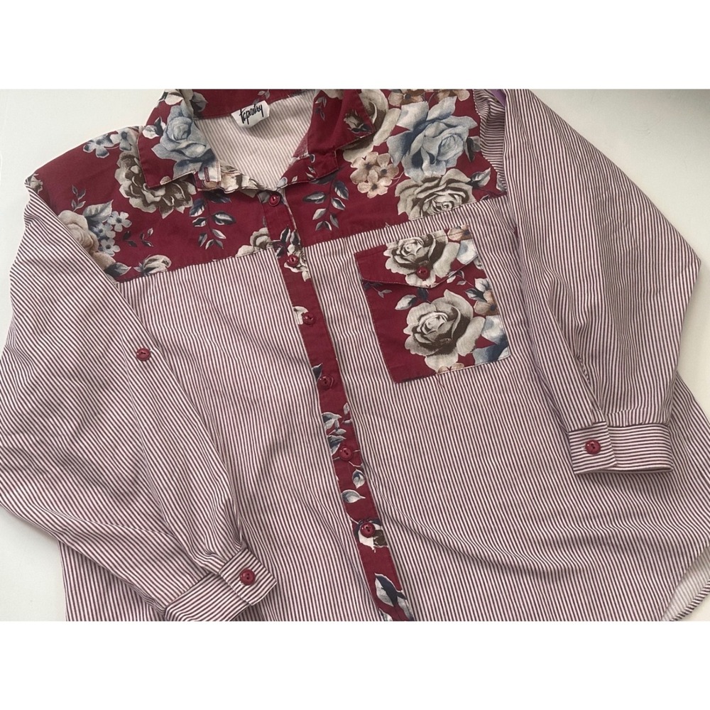 Vintage Tapestry Womens Burgundy Floral‎ Pinstripe Button Down Shirt USA Made 18